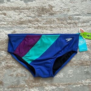 Men’s Speedo Swim Brief - Size 36 - Blue with Purple/Green Stripes